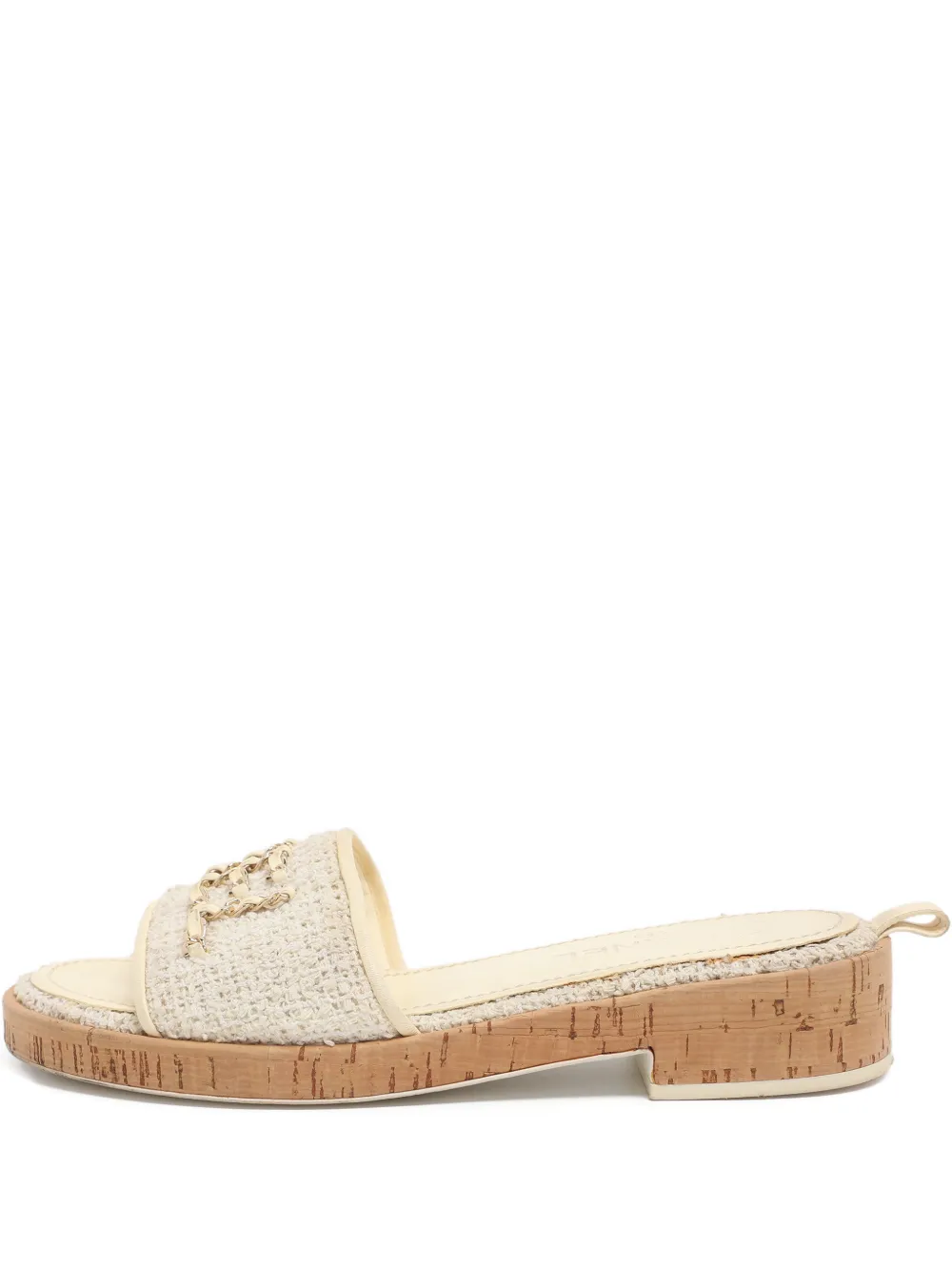 Pre-owned Chanel Tweed Chain Slides In Neutral