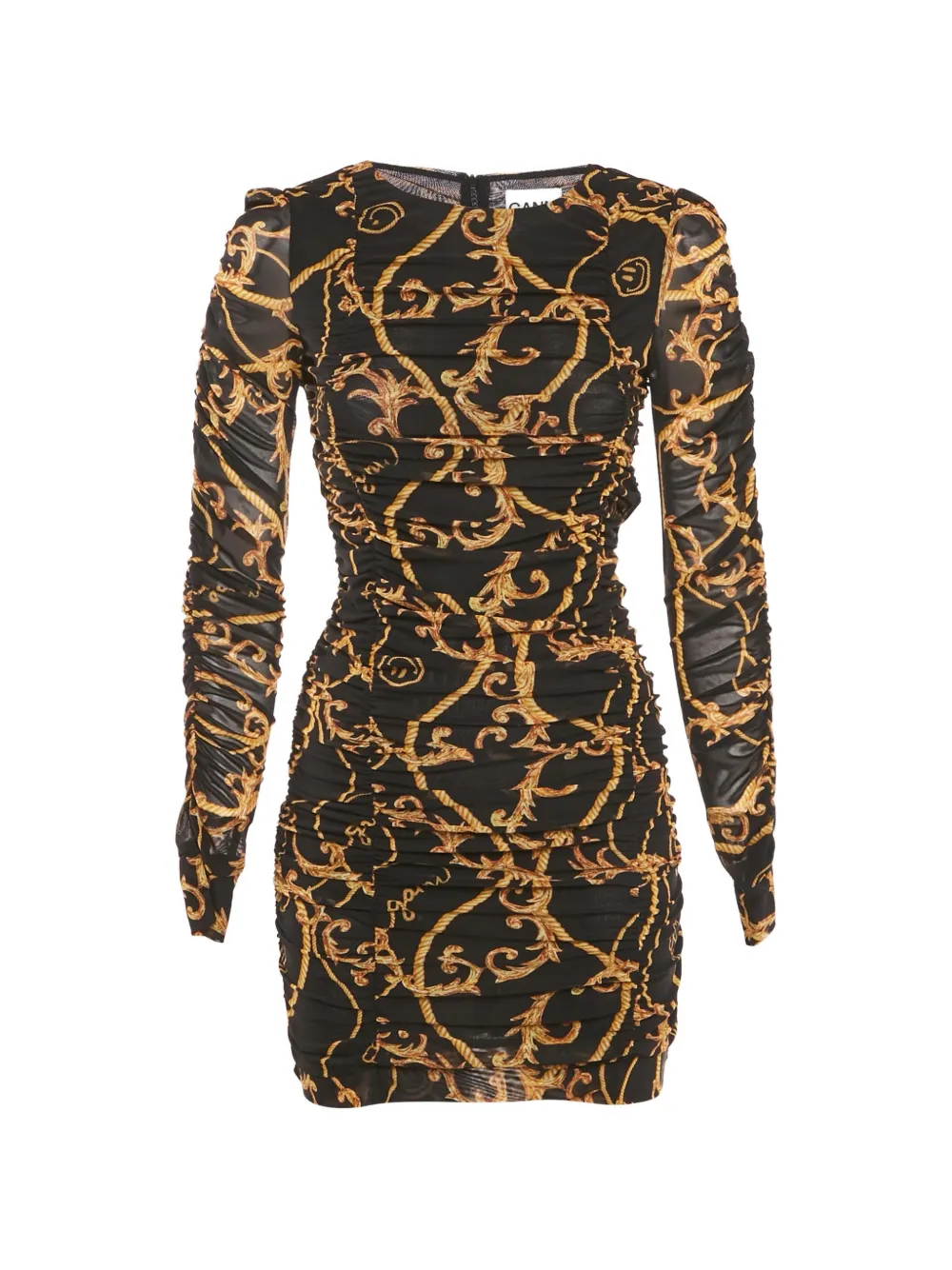 GANNI ruched abstract-print mini dress - Nero