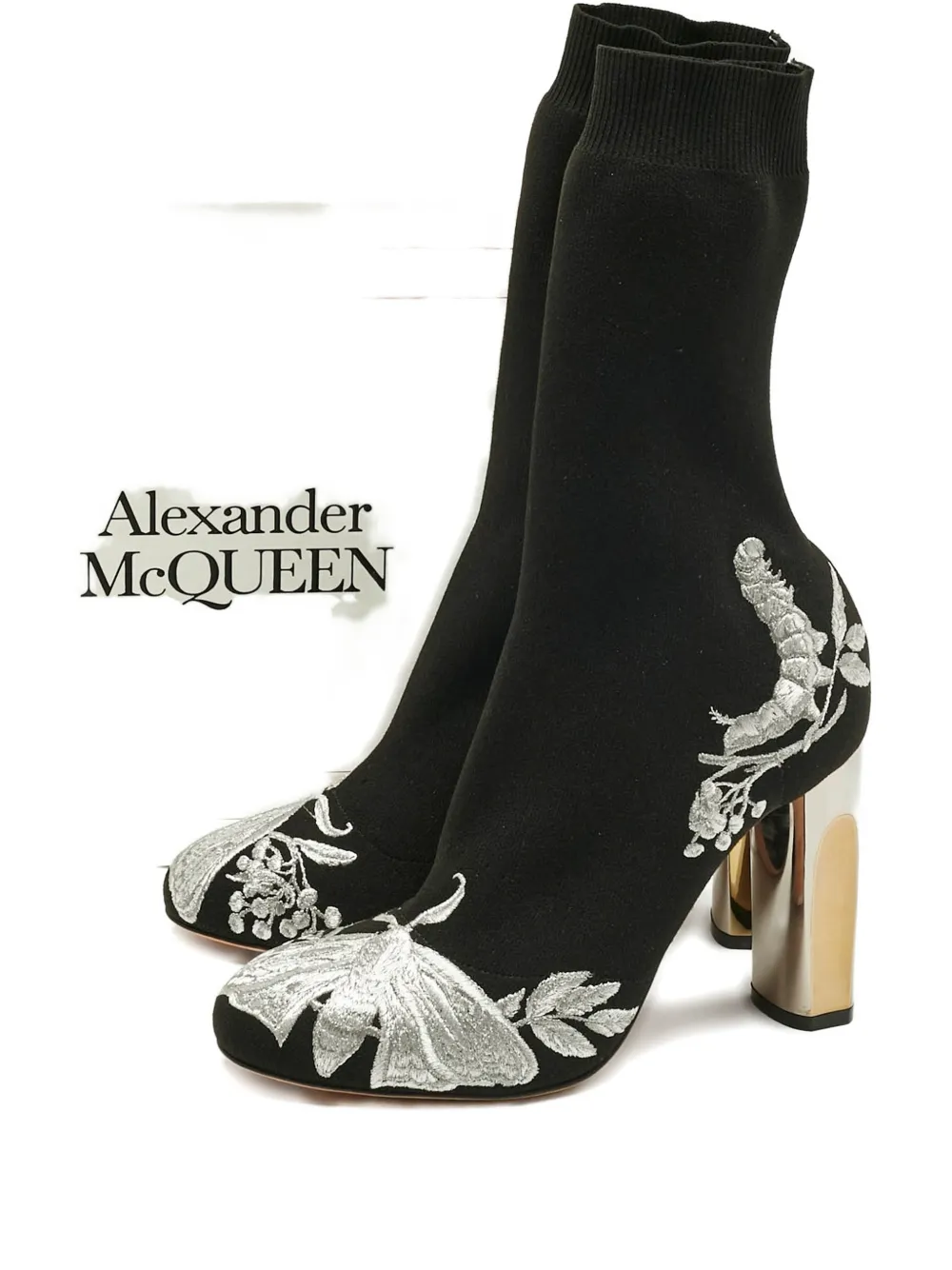 Pre-owned Alexander Mcqueen Knit Embroidered Ankle Boots 10.5 Cm In Black