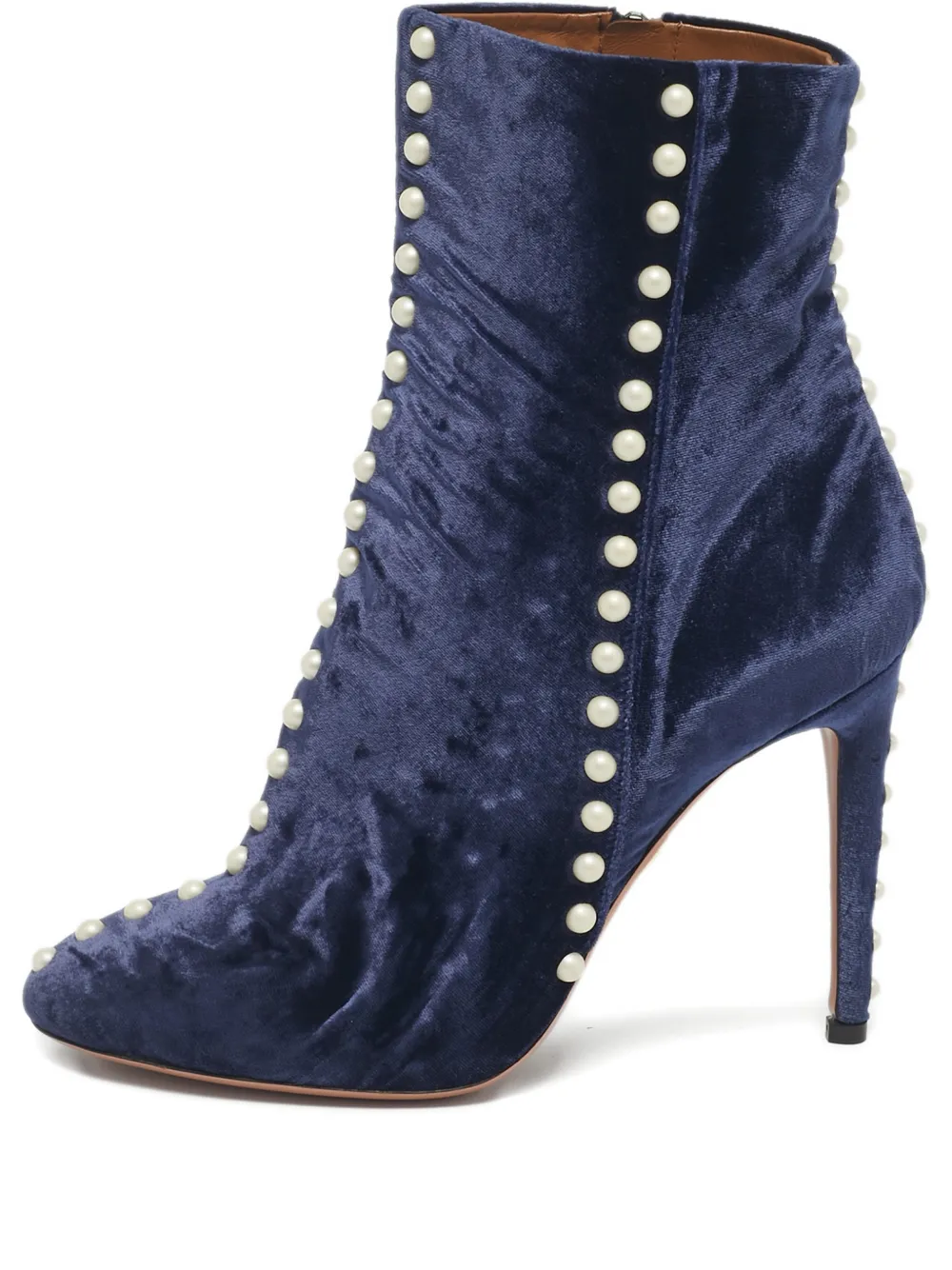 Pre-owned Aquazzura Follie Pearls Velvet Boots In Blue