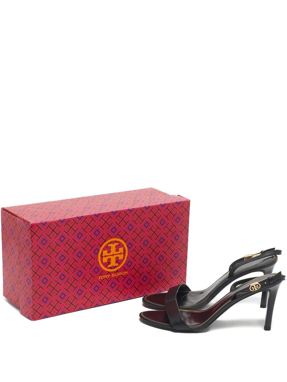 Pre-owned Tory Burch Double T Leather Slingback Sandals In Black
