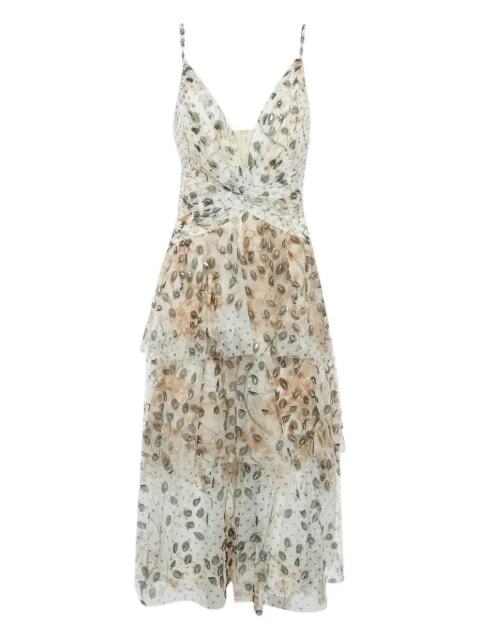 Marchesa Notte Leaf appliqué tiered midi dress