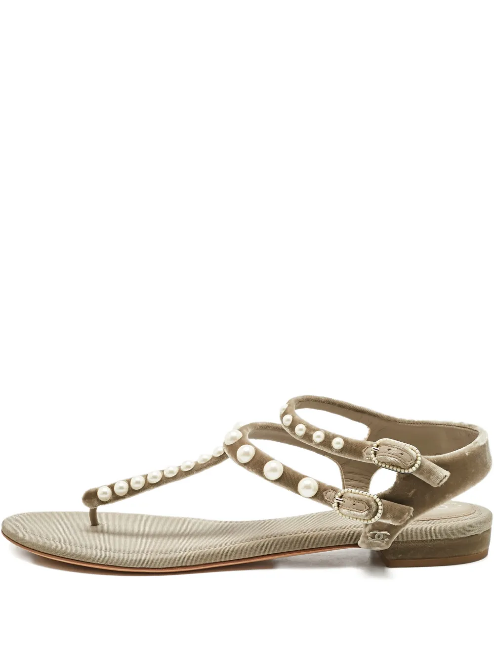 CHANEL Pre-Owned velvet pearl-embellished thong sandals - Grigio