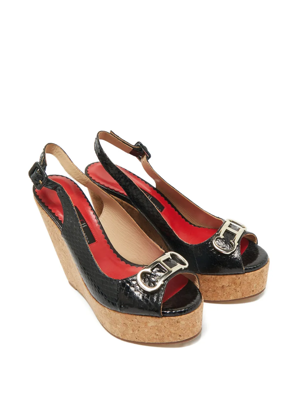 Carolina Herrera Vintage snakeskin-embossed wedge sandals - Zwart