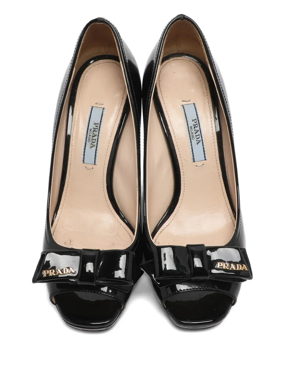 Pre-owned Prada Peep-toe Bow Wedge Pumps In Black