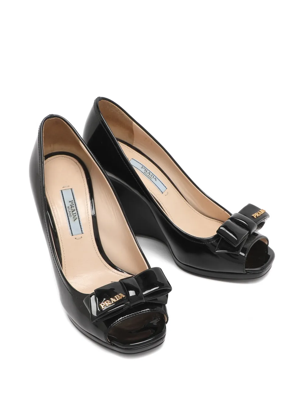 Pre-owned Prada Peep-toe Bow Wedge Pumps In Black