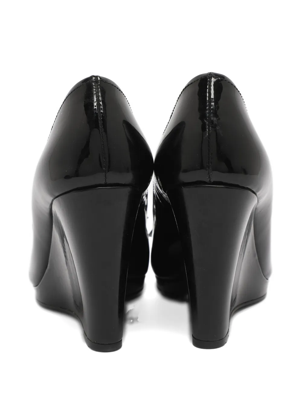 Pre-owned Prada Peep-toe Bow Wedge Pumps In Black