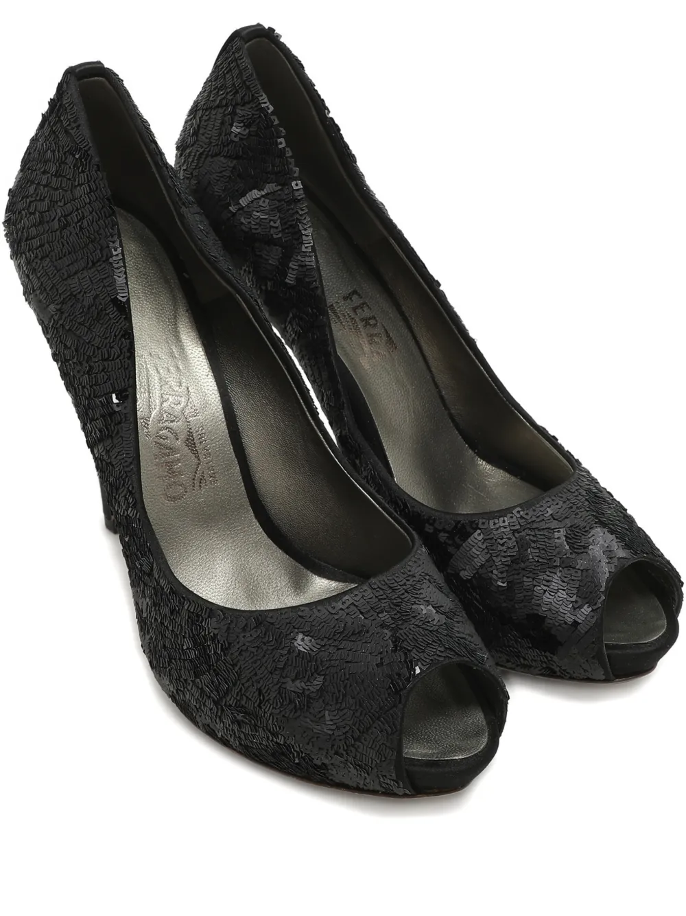 Pre-owned Ferragamo 40 Sequins Peep-toe Pumps In Black