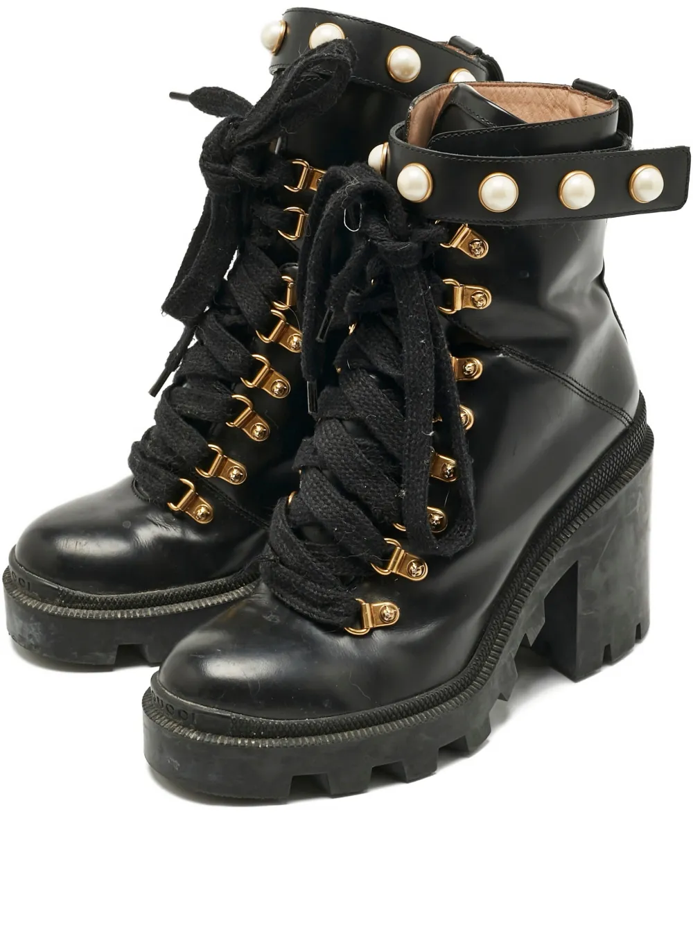 Pre-owned Gucci Faux-pearl Embellished Ankle Boots In Black