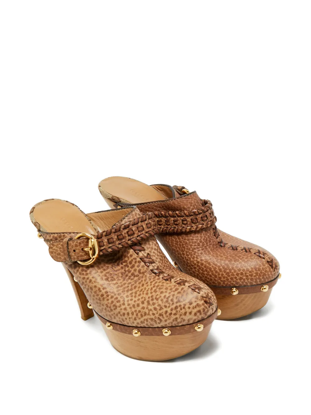 Pre-owned Gucci Janis Leather Studded Mules In Brown
