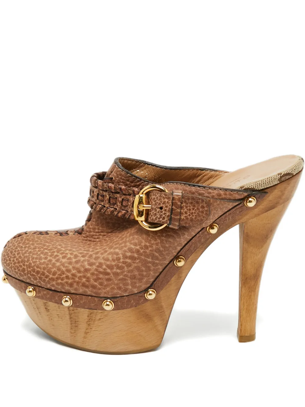 Pre-owned Gucci Janis Leather Studded Mules In Brown