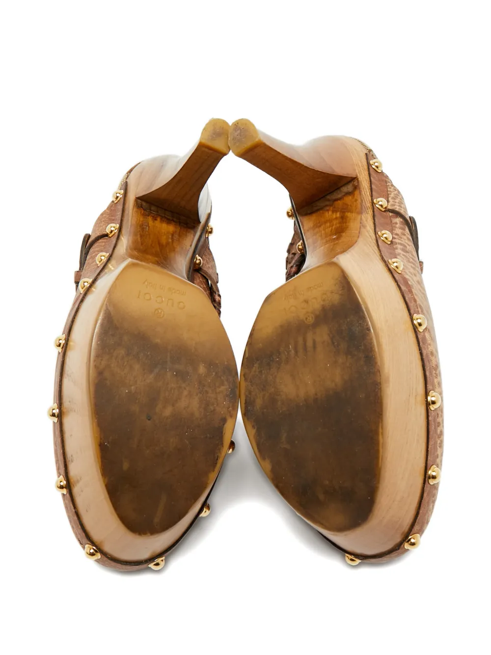 Pre-owned Gucci Janis Leather Studded Mules In Brown