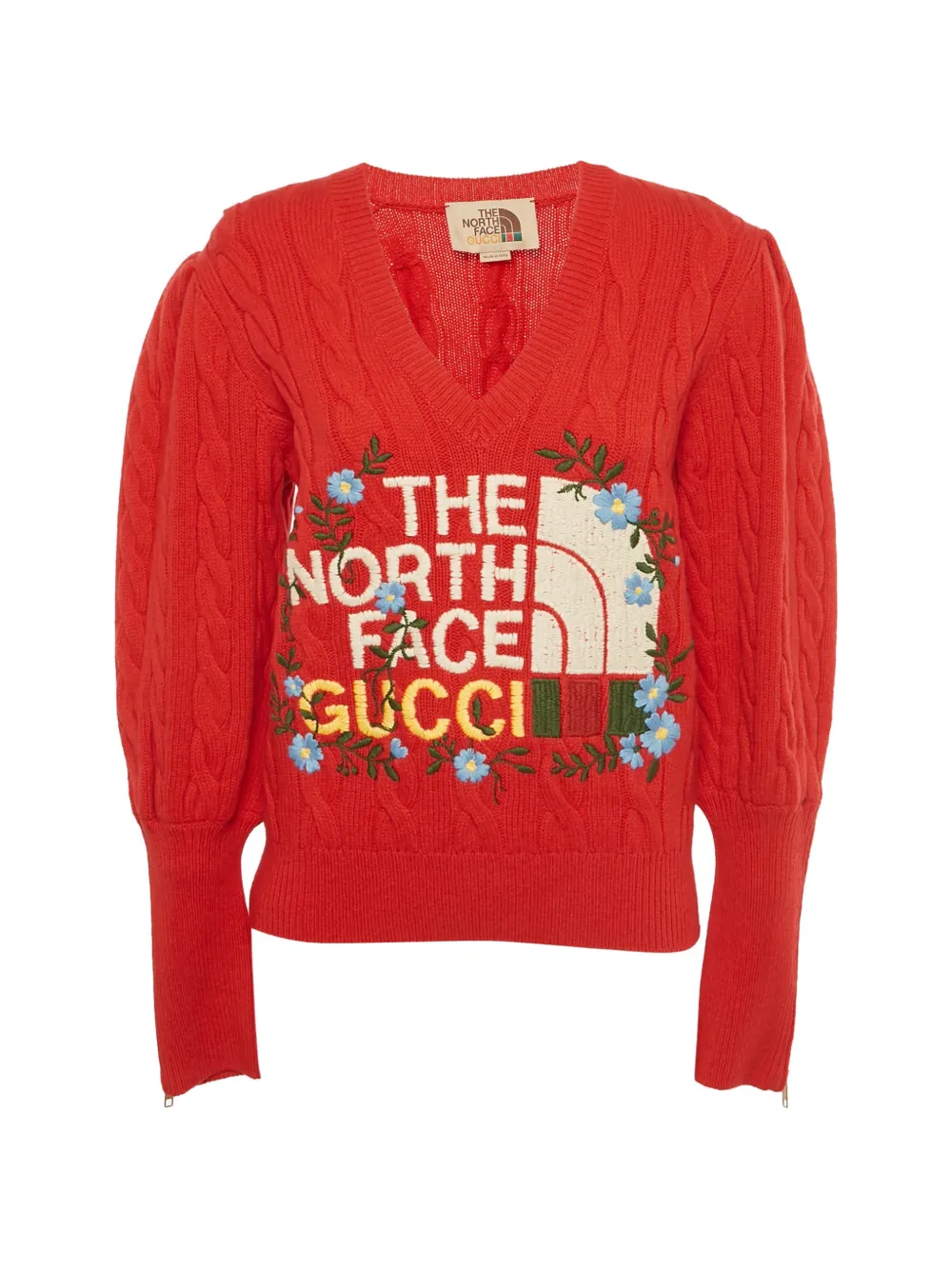 Gucci Pre-Owned x The North Face cable-knit flower-embroidered sweater - Rosso