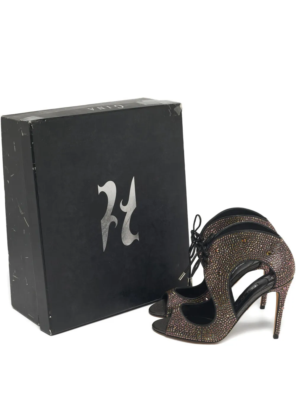 Pre-owned Gina Metallic Crystal Sandal 13.5 In Black