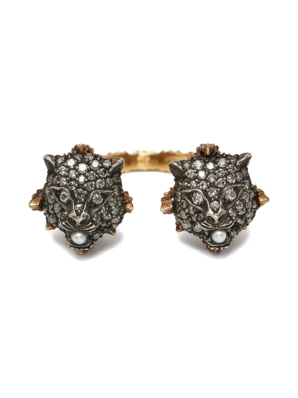 Pre-owned Gucci Le Marché Des Merveilles Diamond And Pearl Tiger-motif Ring In Gold