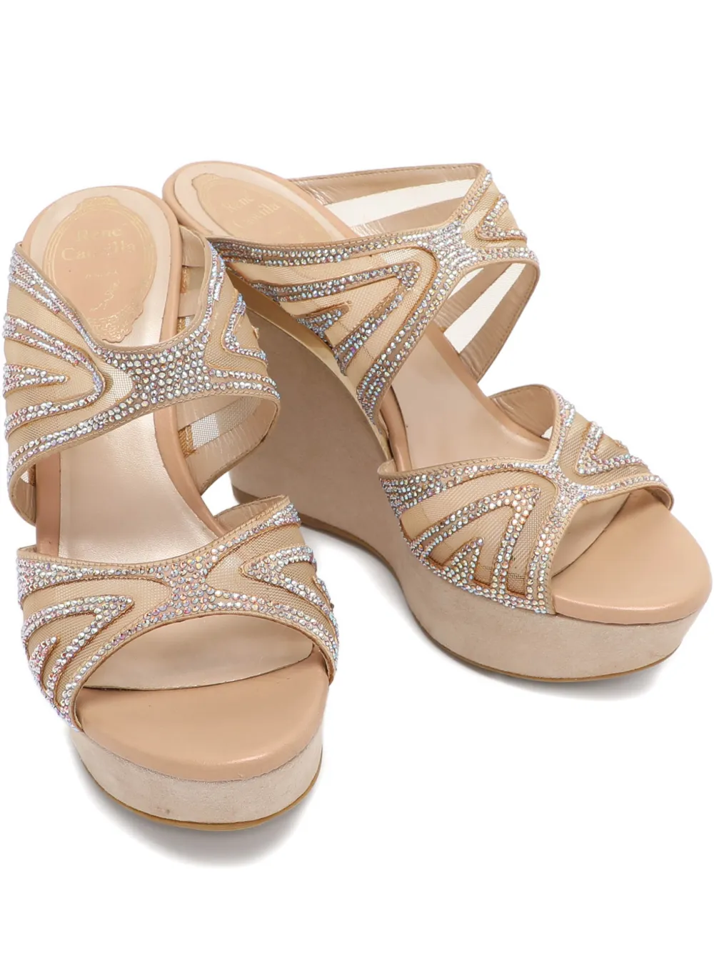 René Caovilla beige crystal platform slide - White