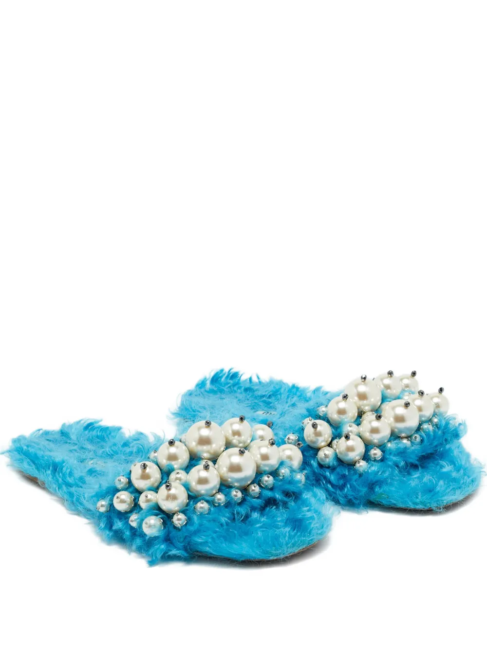 Pre-owned Miu Miu Faux-fur Pearl-embellishment Flat Slides In Blue