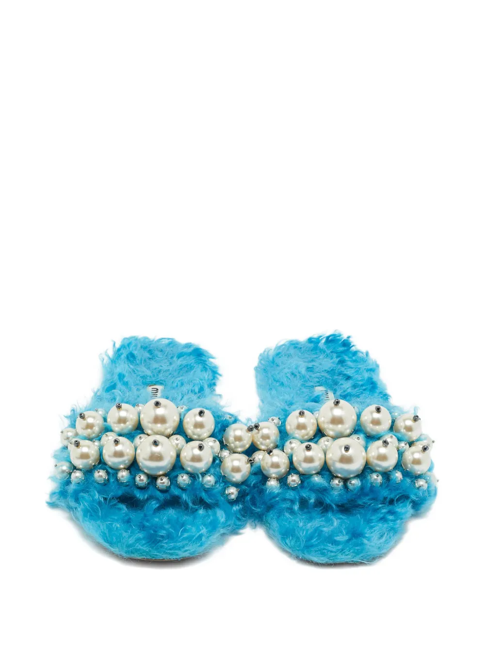Pre-owned Miu Miu Faux-fur Pearl-embellishment Flat Slides In Blue