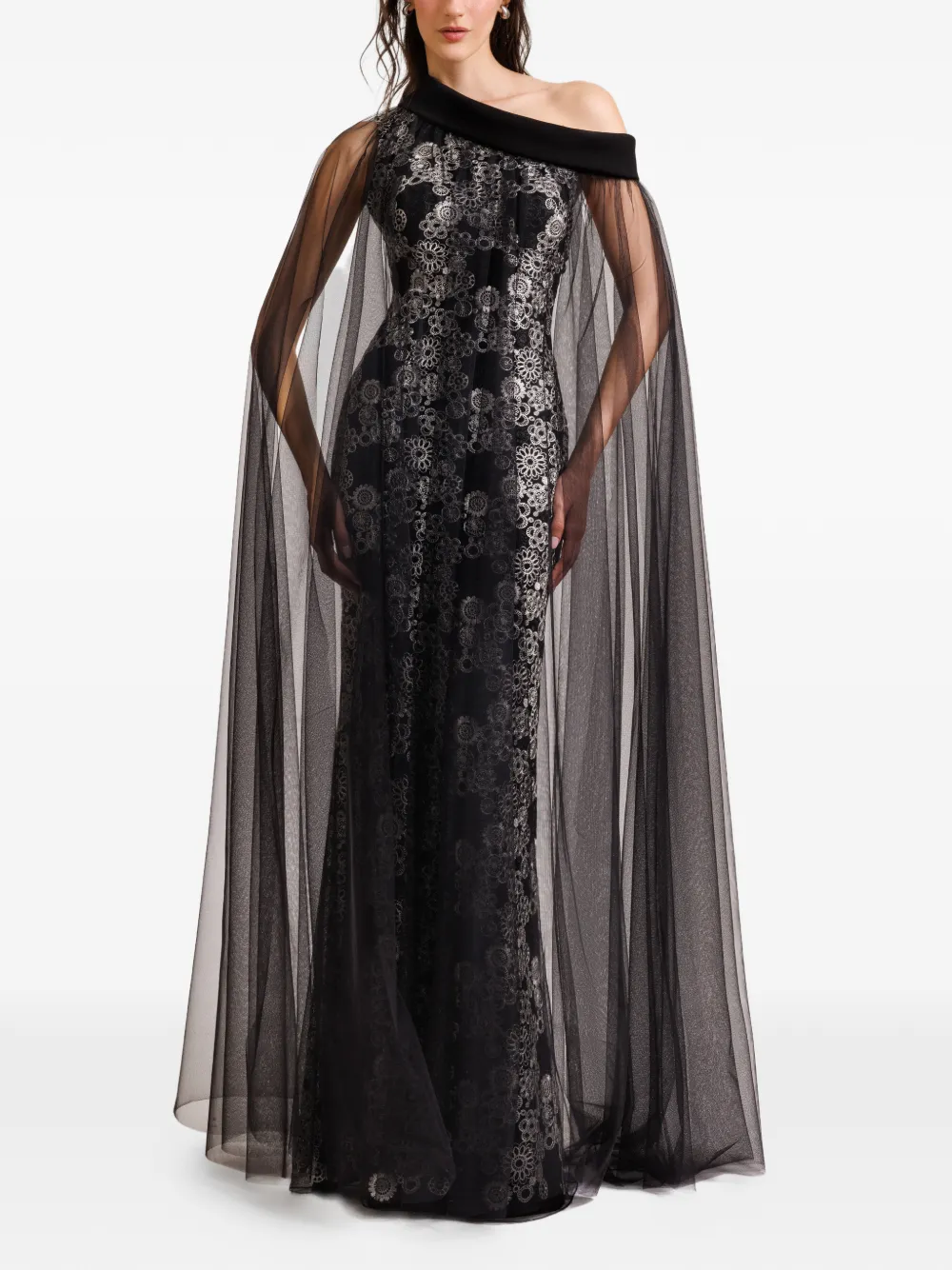 Gemy Maalouf Maxi-jurk met tulen laag en borduurwerk - Zwart