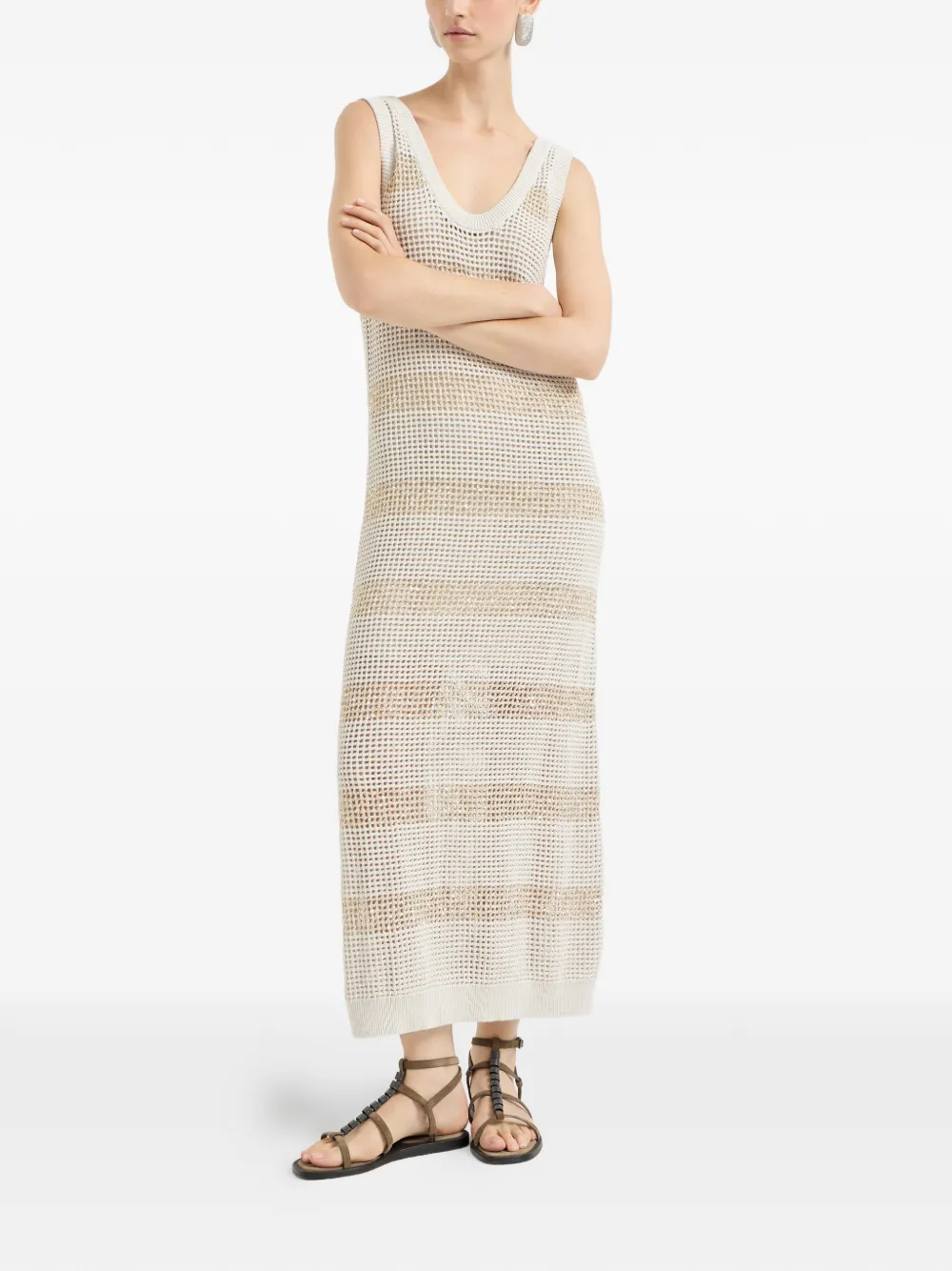 Brunello Cucinelli striped sleevess midi dress - Beige