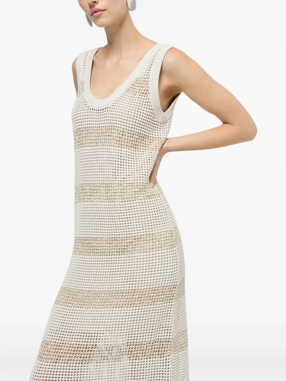 Brunello Cucinelli Gestreepte mouwloze midi-jurk Beige