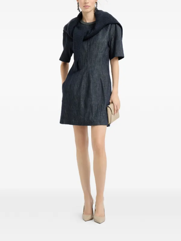 brunello cucinelli denim dress Brunello Cucinelli, Cotton denim-effect twill t-shirt dress with precious collar, Blue, XXS