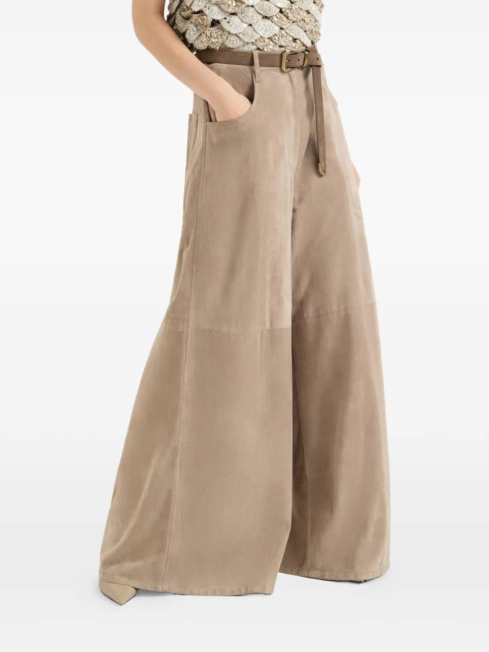 Brunello Cucinelli Suède broek met monilidetail Beige