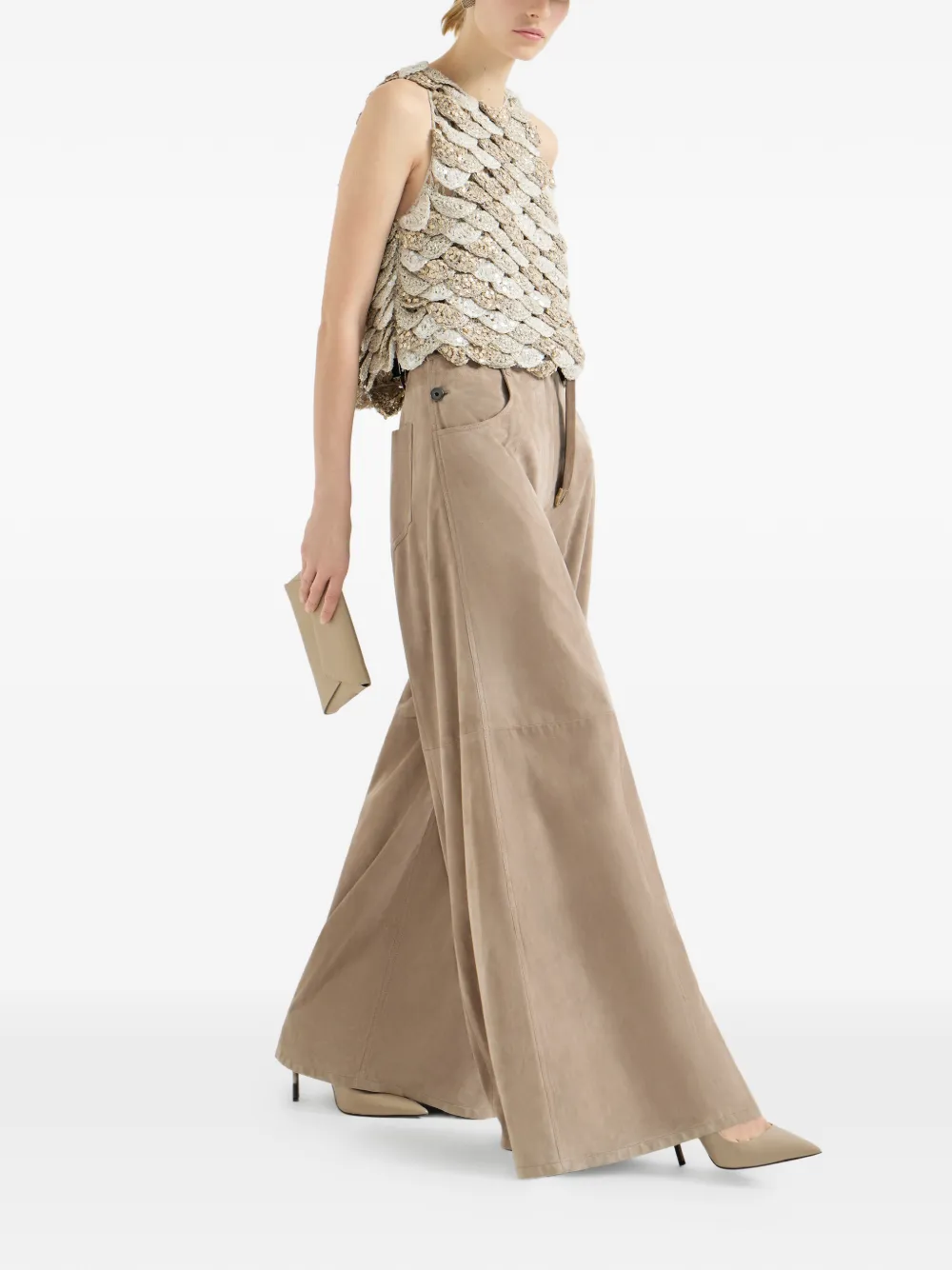 Brunello Cucinelli Suède broek met monilidetail Beige