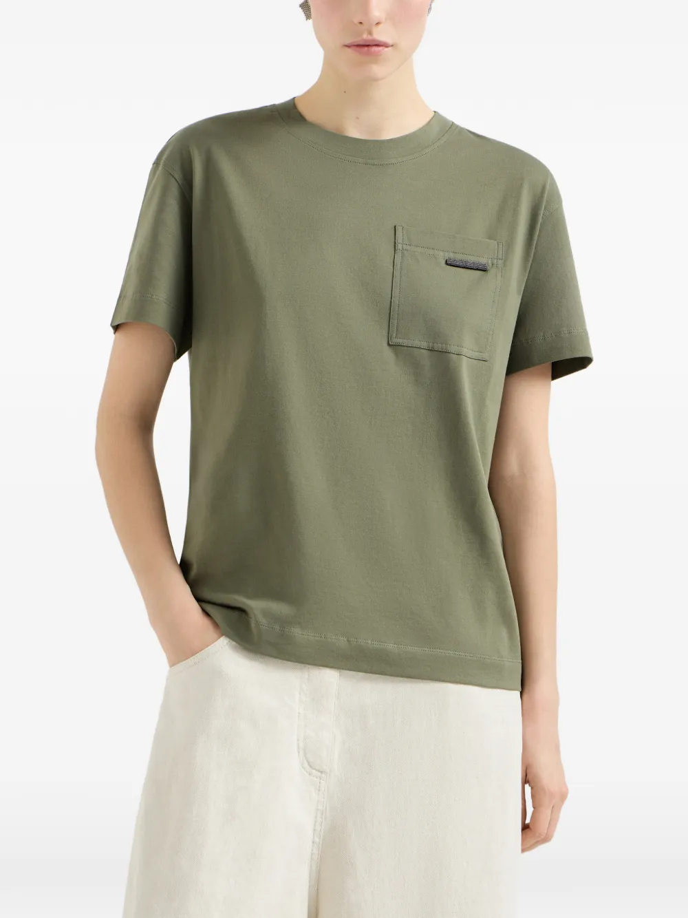 Brunello Cucinelli Jersey katoenen T-shirt met glanzende lus Groen