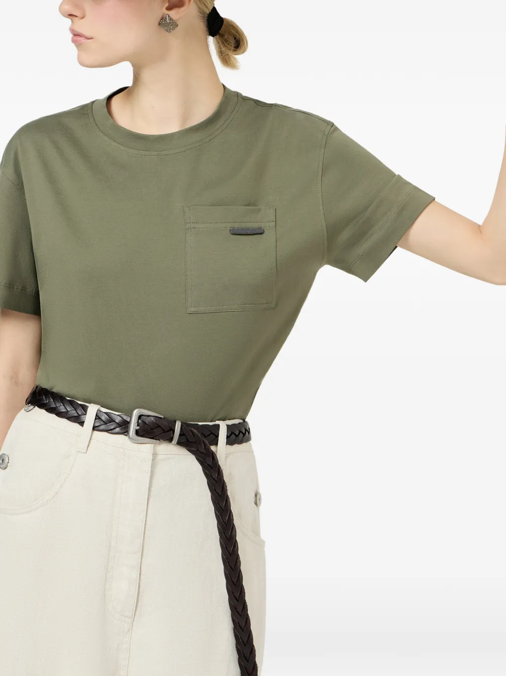 Brunello Cucinelli Jersey katoenen T-shirt met glanzende lus Groen