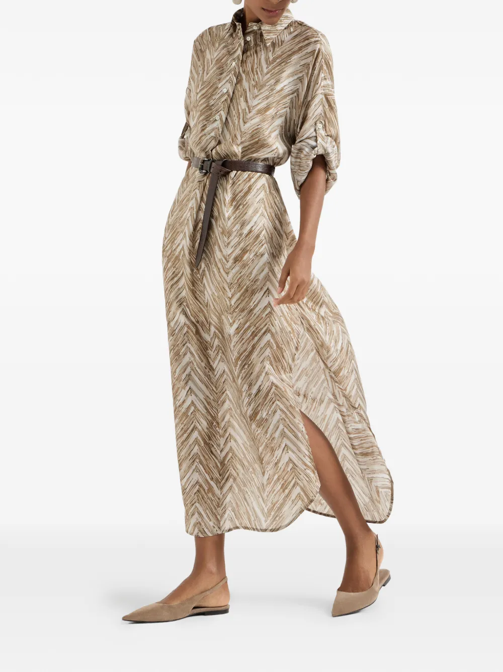  Brunello Cucinelli Chevron-print Silk Dress - Neutrals 