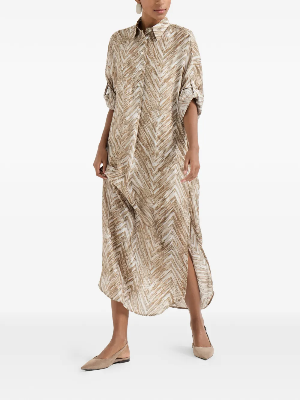  Brunello Cucinelli Chevron-print Silk Dress - Neutrals 