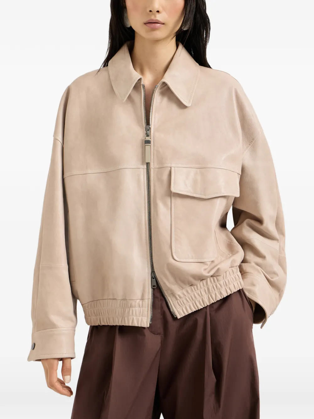  Brunello Cucinelli Monili-detail Leather Jacket - Neutrals 