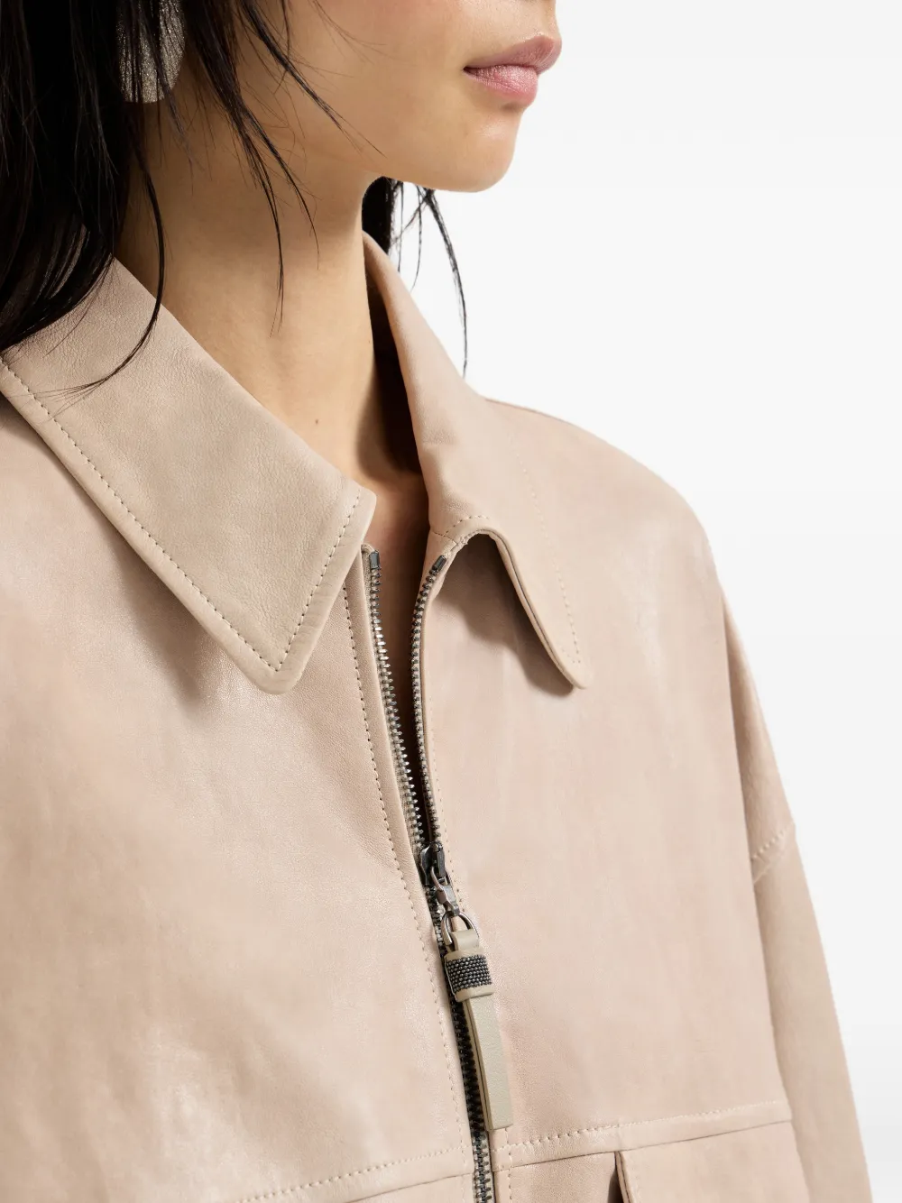 Brunello Cucinelli Leren jack met monili detail Beige