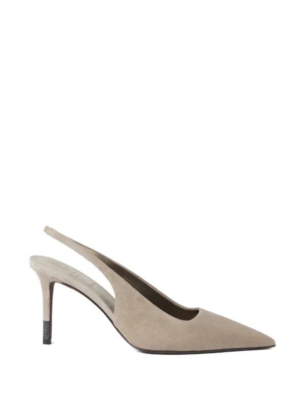 Brunello Cucinelli Suede Slingback Heels with Monili in Neutrals