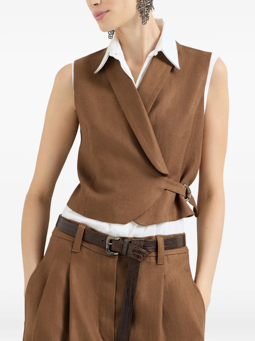 Brunello Cucinelli Diagonal-buckle Linen Gilet In Brown