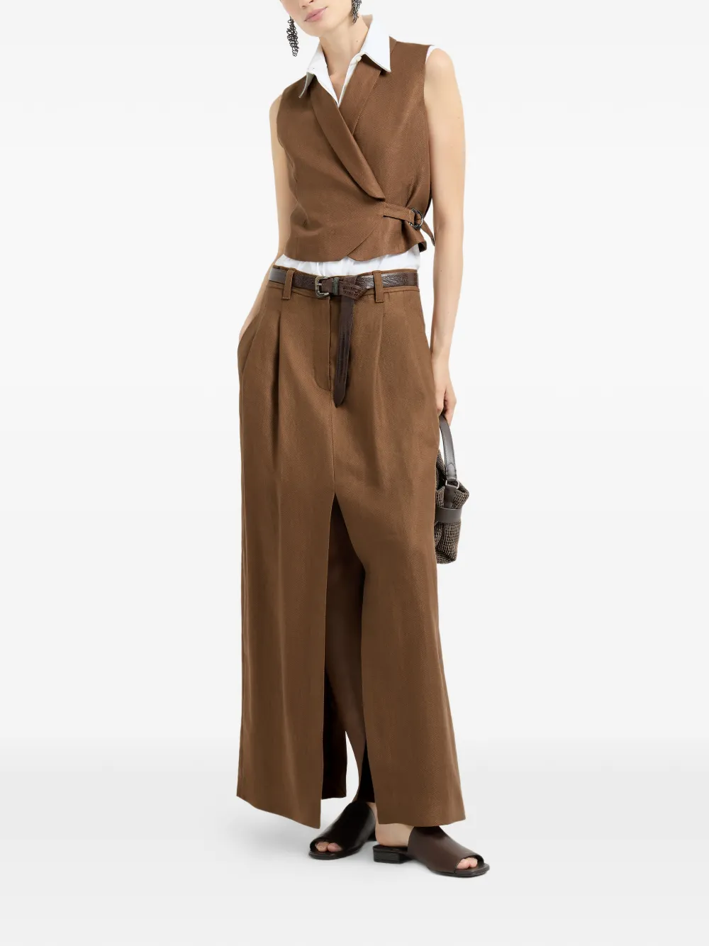 Brunello Cucinelli Diagonal-buckle Linen Gilet In Brown