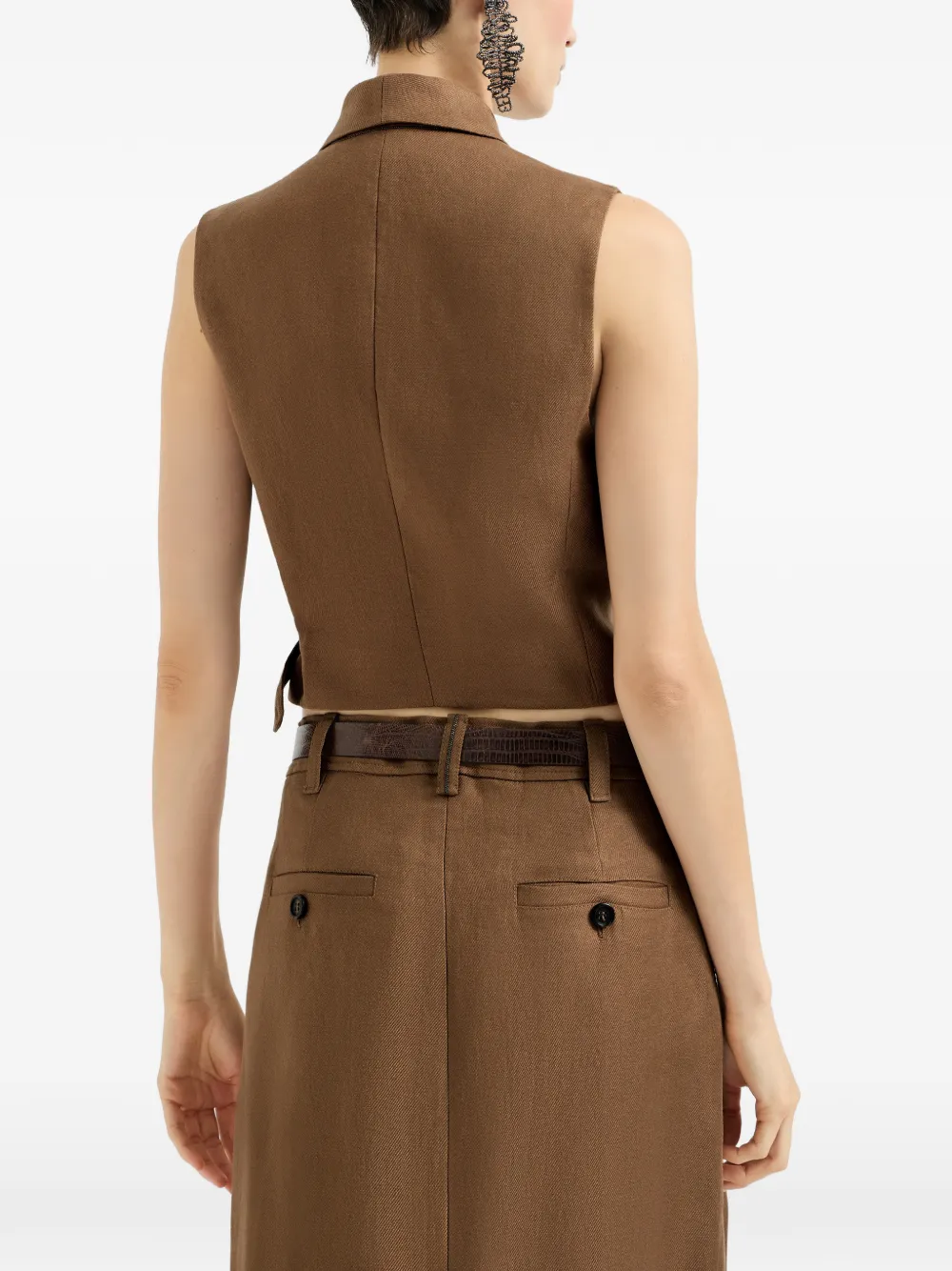 Brunello Cucinelli Diagonal-buckle Linen Gilet In Brown