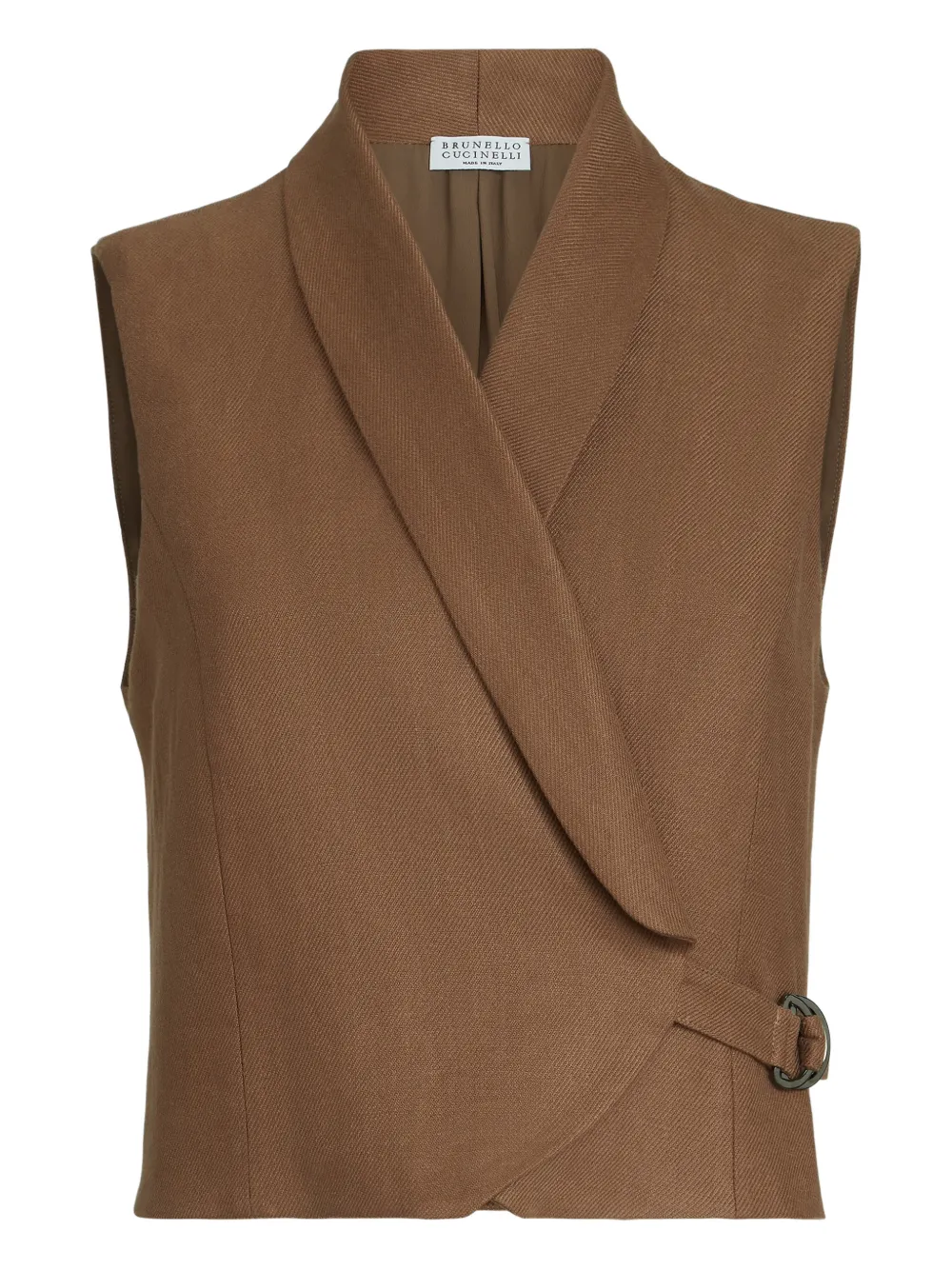 Brunello Cucinelli Diagonal-buckle Linen Gilet In Brown