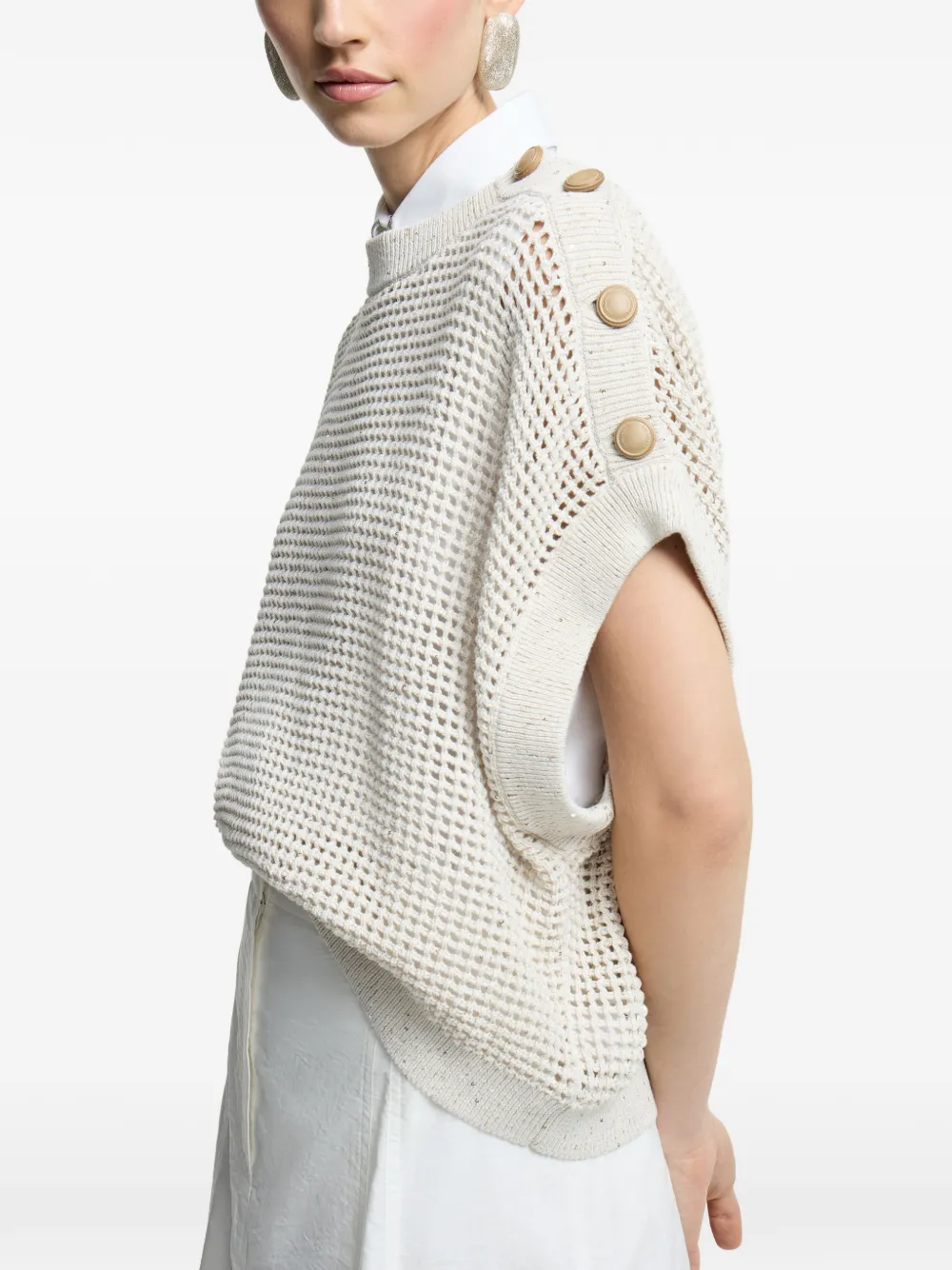 Brunello Cucinelli Opengebreide top met knopen Beige