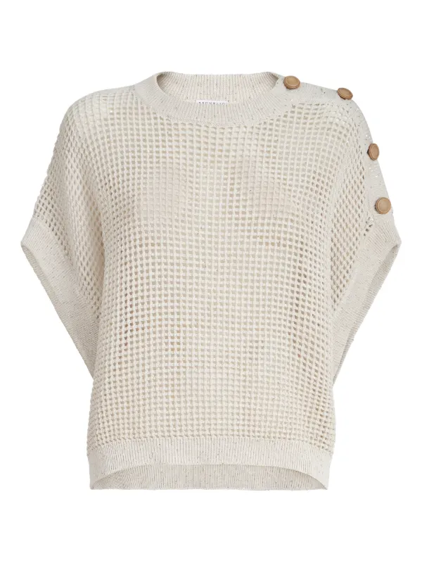 Brunello Cucinelli Buttoned Open-knit Top in Neutrals