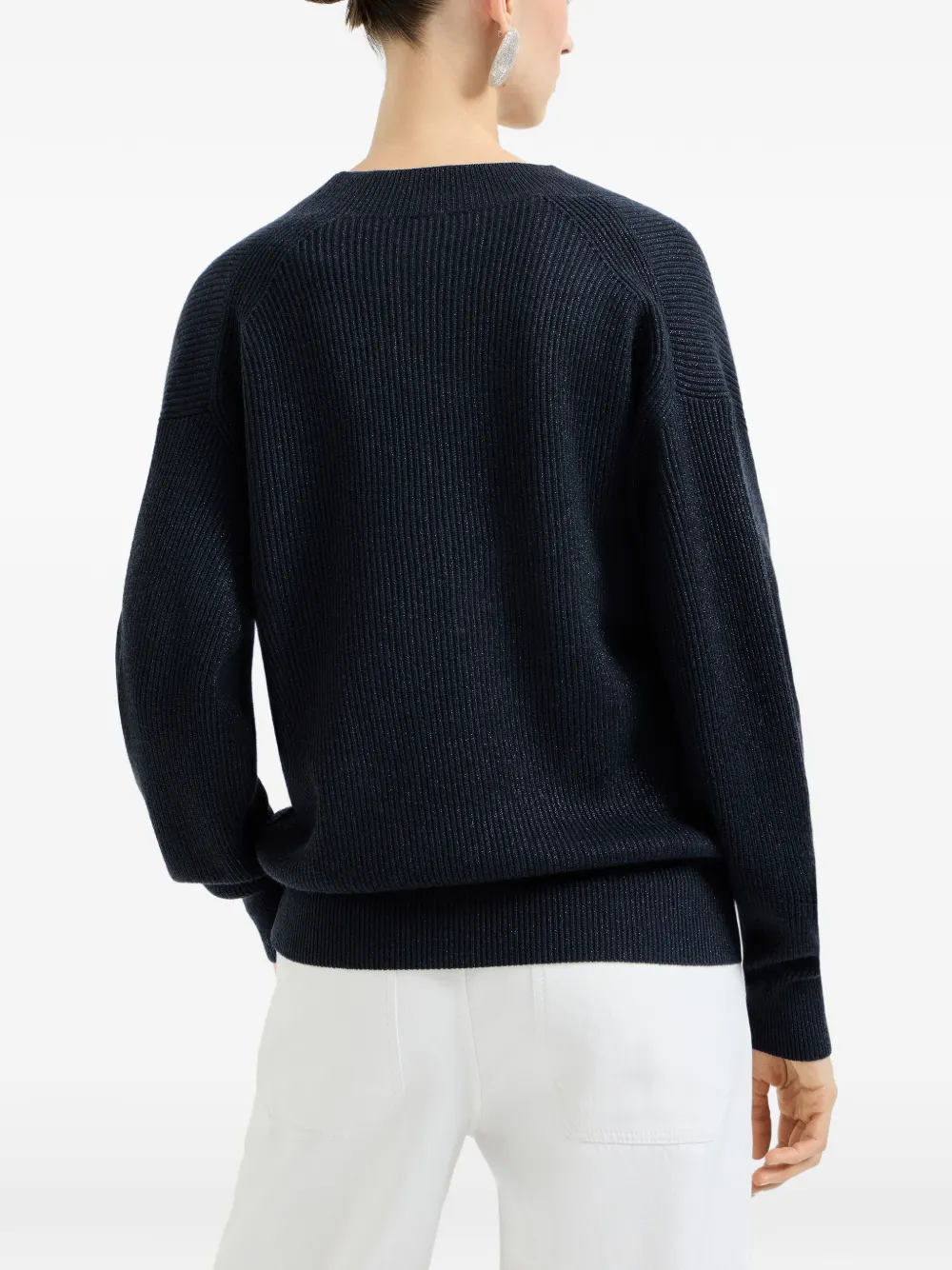 Brunello Cucinelli Geribbelde trui met V-hals en glitter Blauw