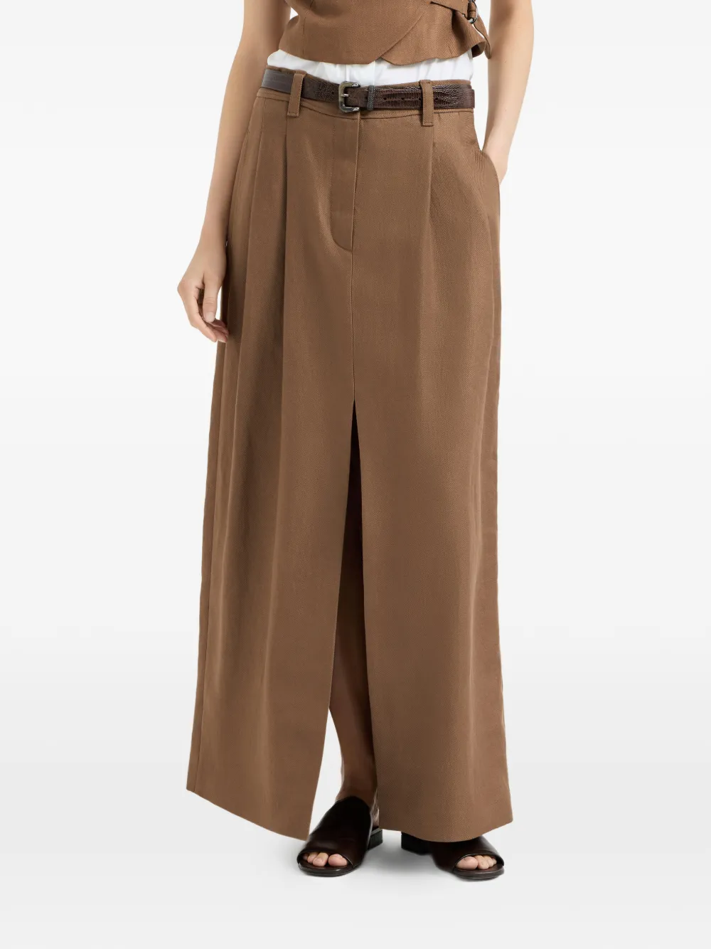 Monili-Detail Linen Midi Skirt