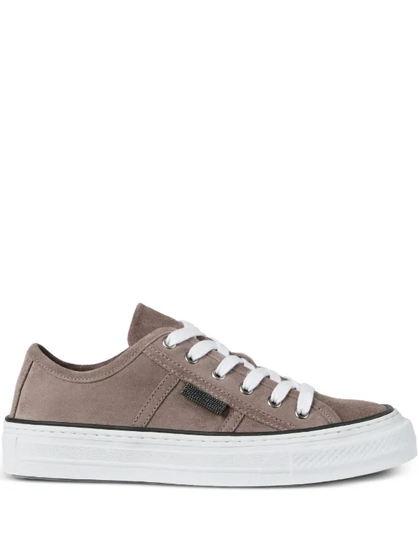 Brunello Cucinelli Monili-embellished Tab Suede Sneakers in Brown