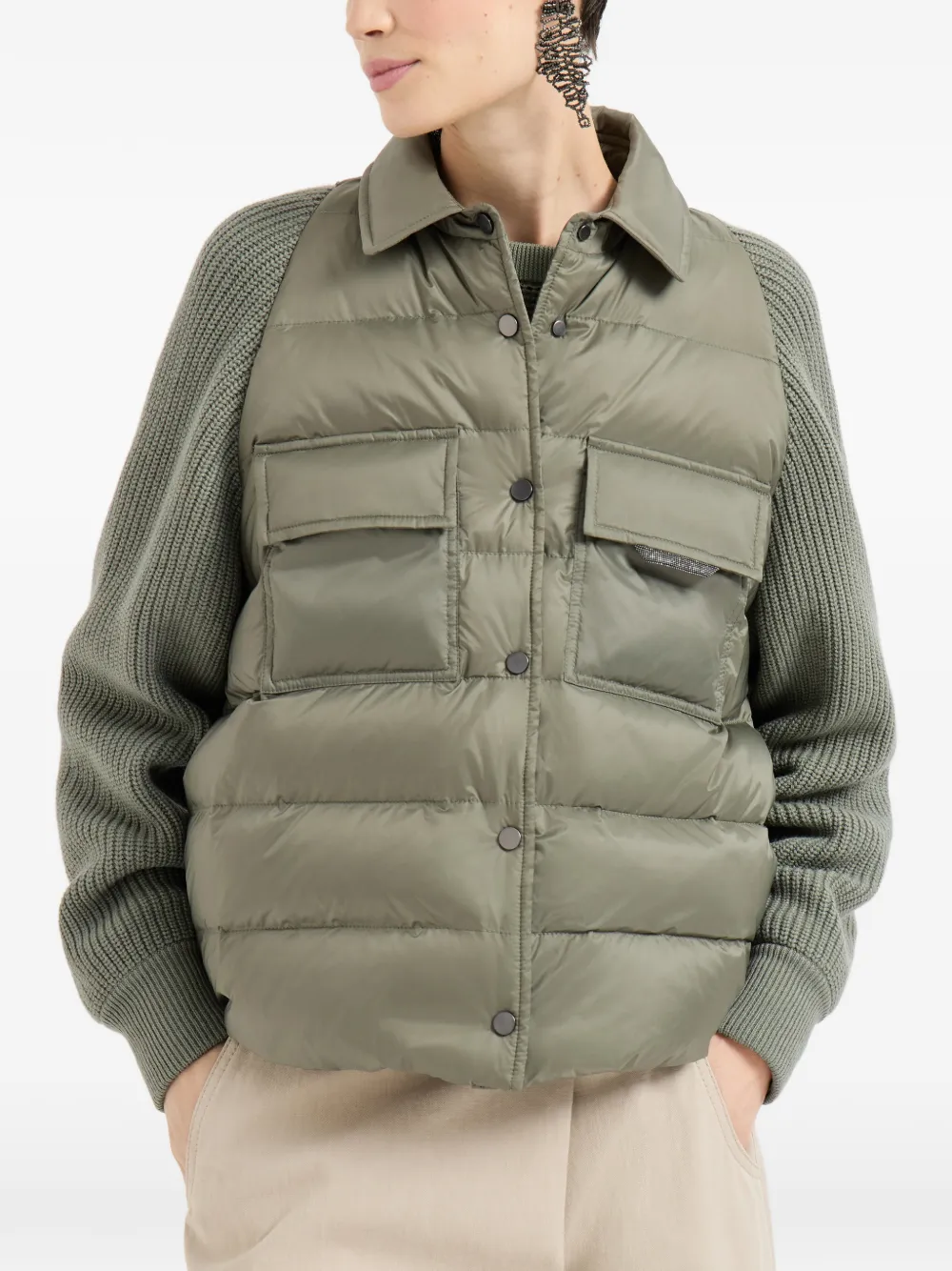  Brunello Cucinelli Quilted Pocket Knit-sleeve Jacket - Green 