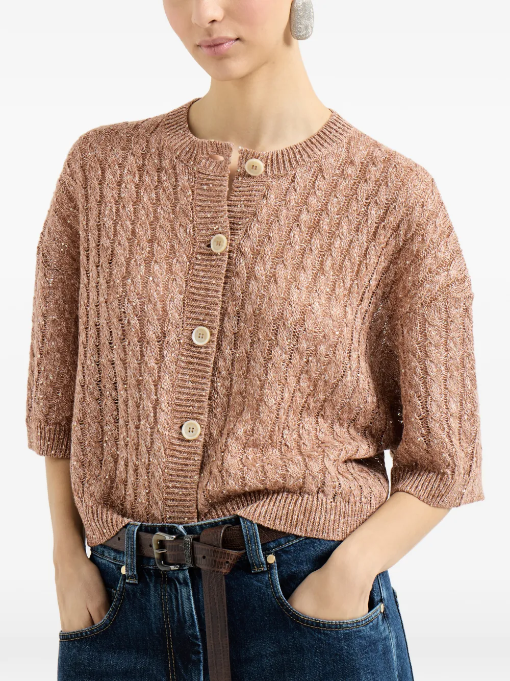 Brunello Cucinelli Kabelgebreid vest met opengewerkte details Bruin