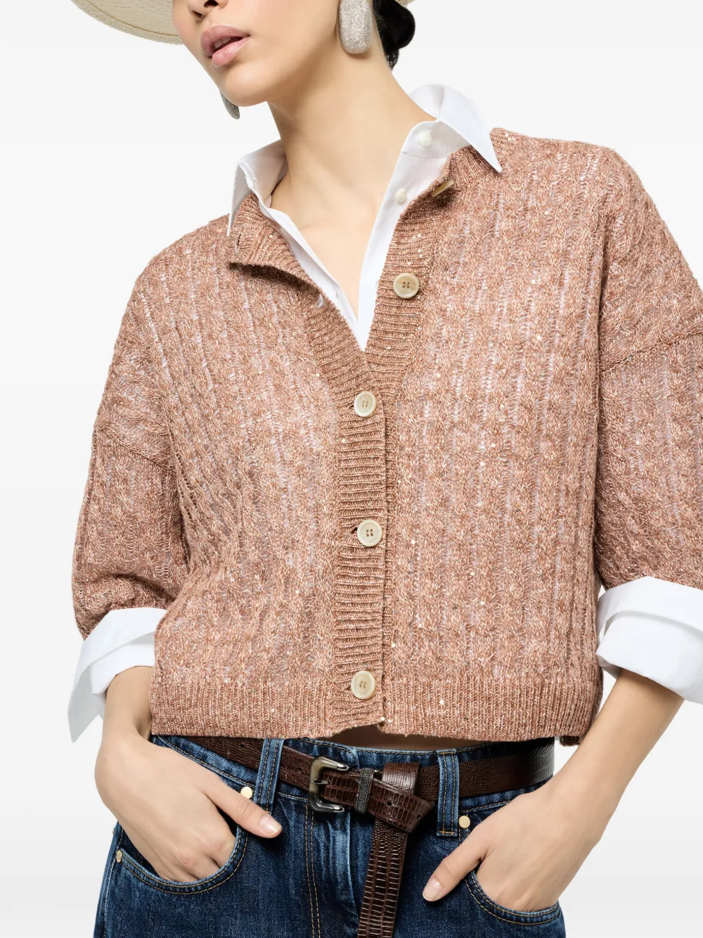 Brunello Cucinelli Kabelgebreid vest met opengewerkte details Bruin