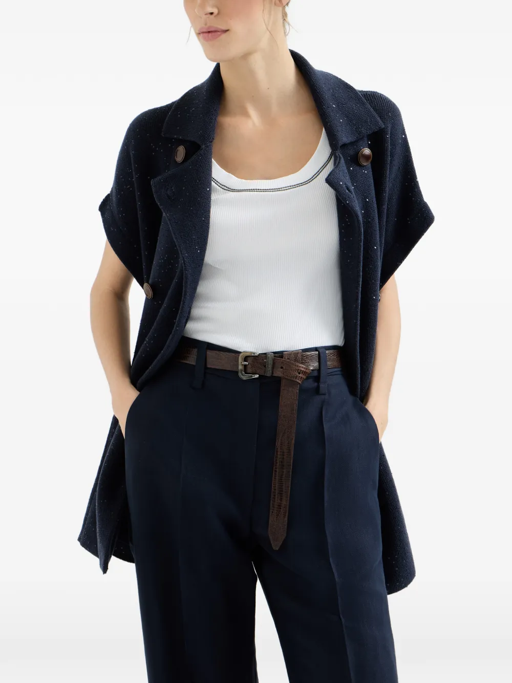  Brunello Cucinelli Double-breasted Tie Knit Vest - Blue 
