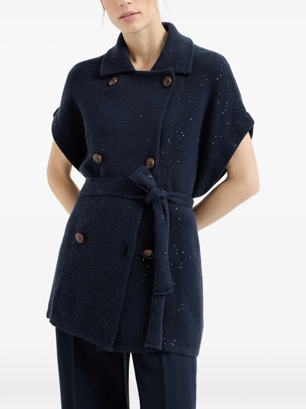 Brunello Cucinelli Gebreide gestrikte spencer met dubbele rij knopen Blauw