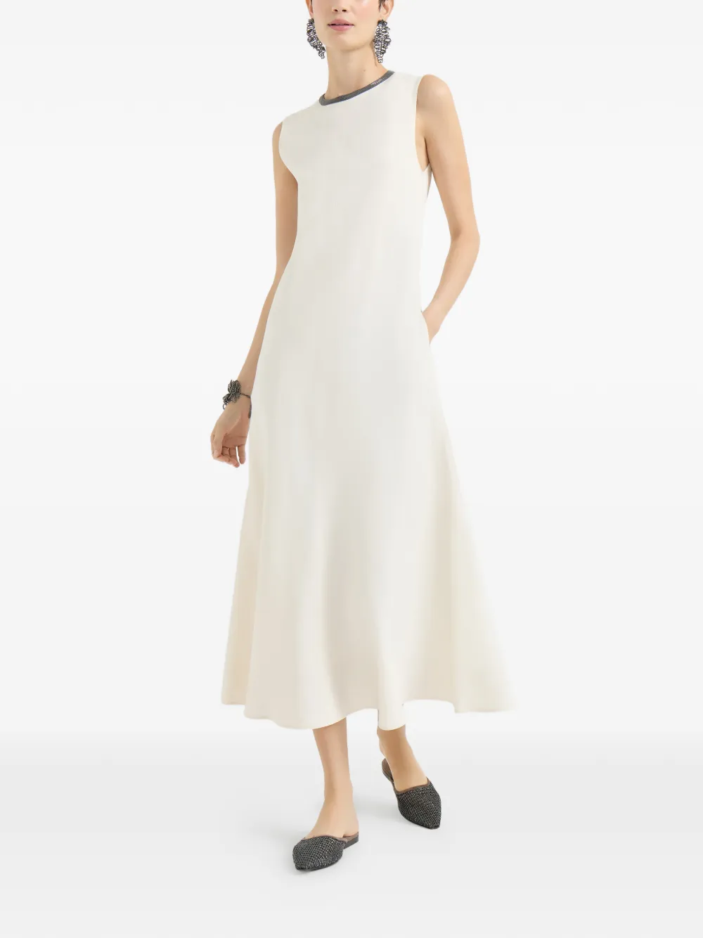  Brunello Cucinelli Contrasting-trim Midi Dress - Neutrals 